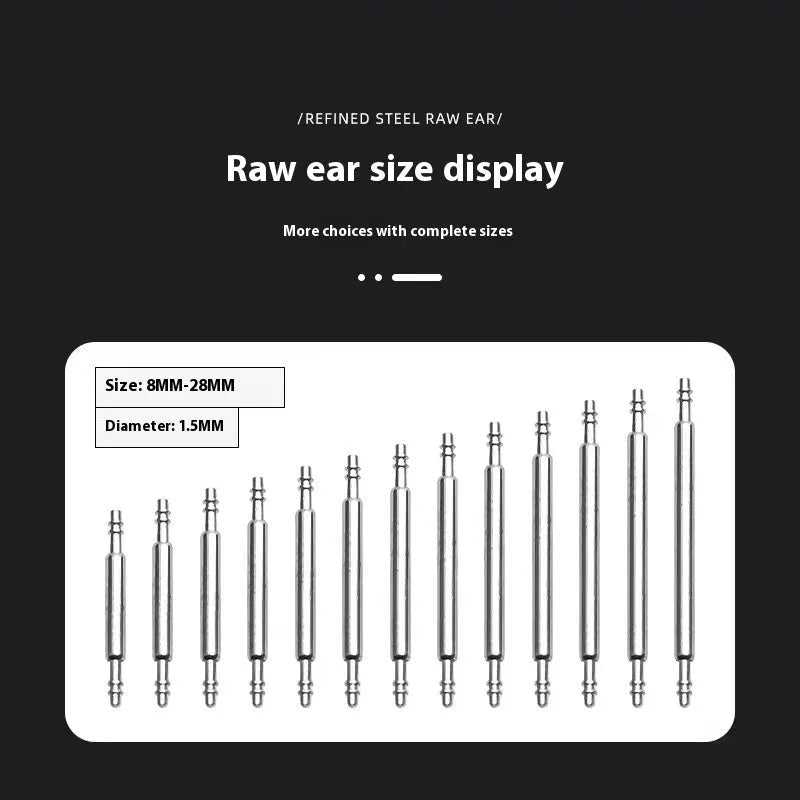 Watch spring bars and auricular tool kit for strap replacement in sizes 21mm to 26mm.