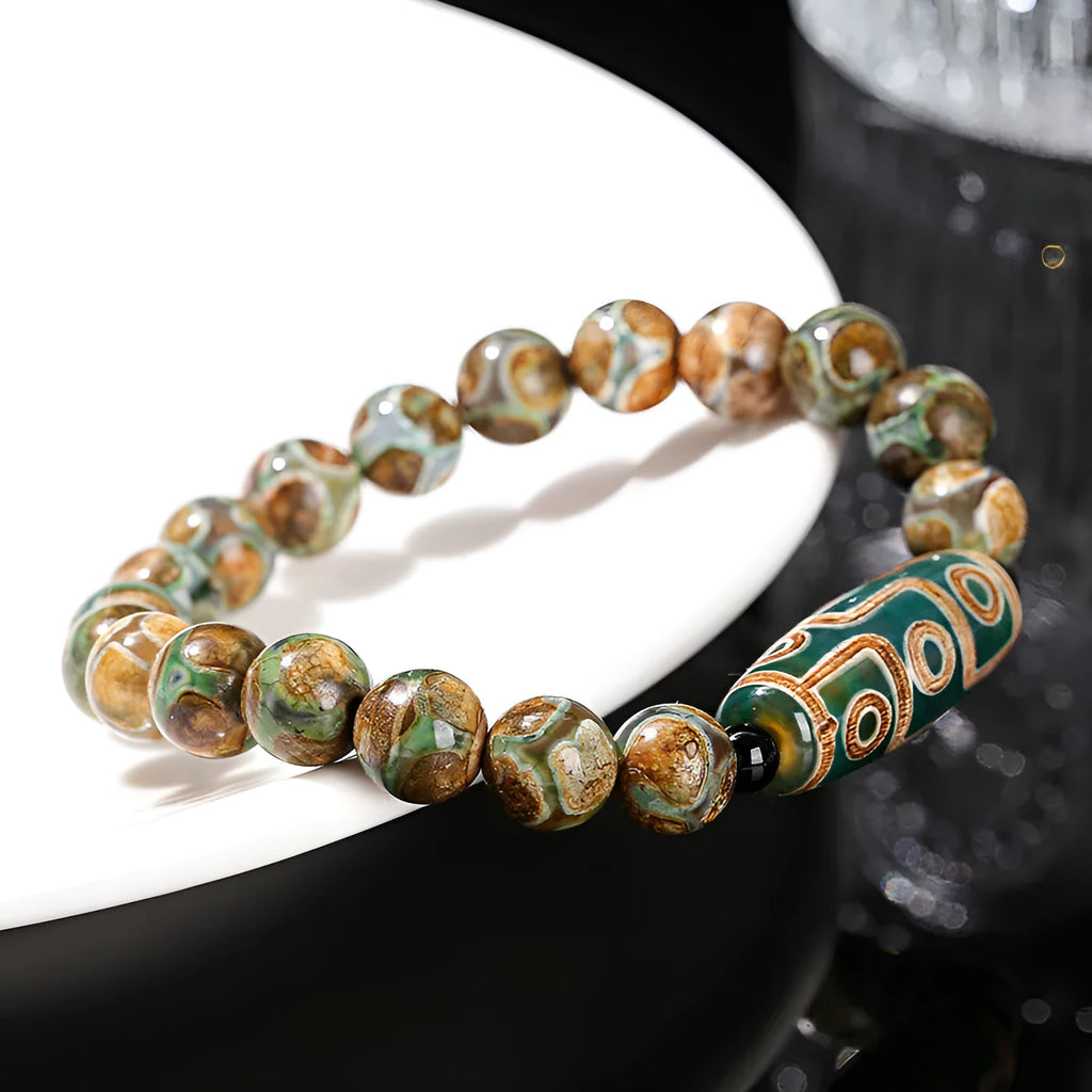 Green dzi bead barrel-shaped bracelet with 8mm agate beads, handmade unisex design