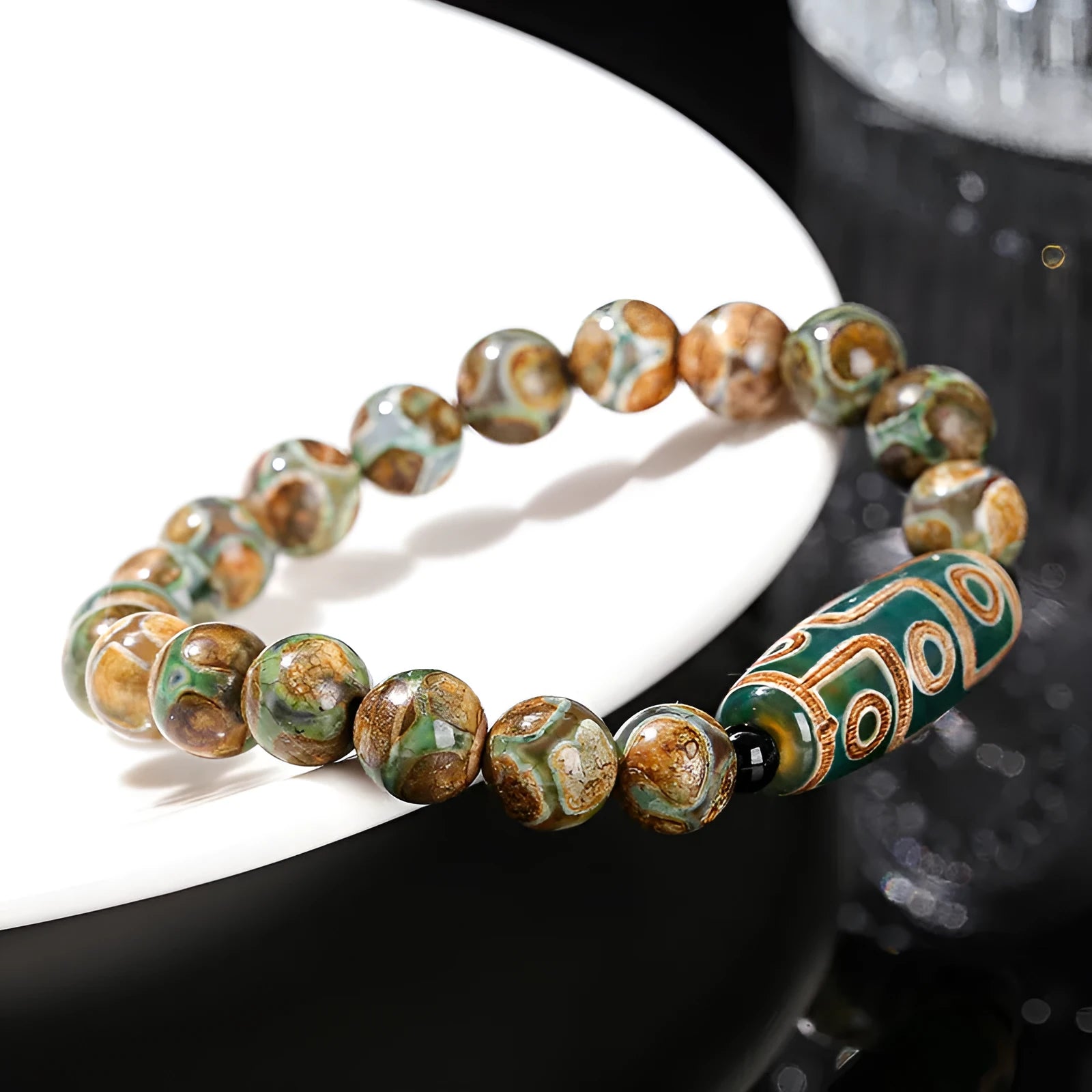 Green dzi bead barrel-shaped bracelet with 8mm agate beads, handmade unisex design