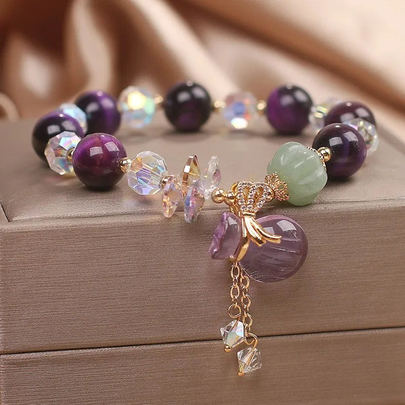 Women's purple tigereye money bag pendant crystal bracelet with rhinestone forest style design