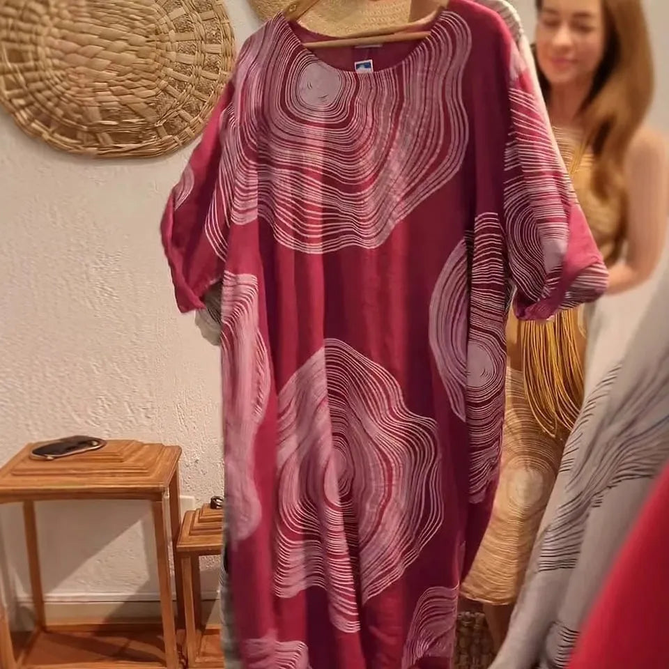 Women's round neck abstract print A-line dress with mid waist, polyester fabric, sizes S-3XL, in red white Burgundy apricot light green orange