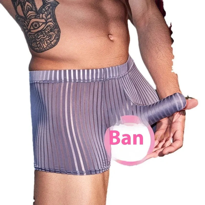 Men's striped boxer briefs in black, white, and dark grey colours showing high elasticity nylon fabric