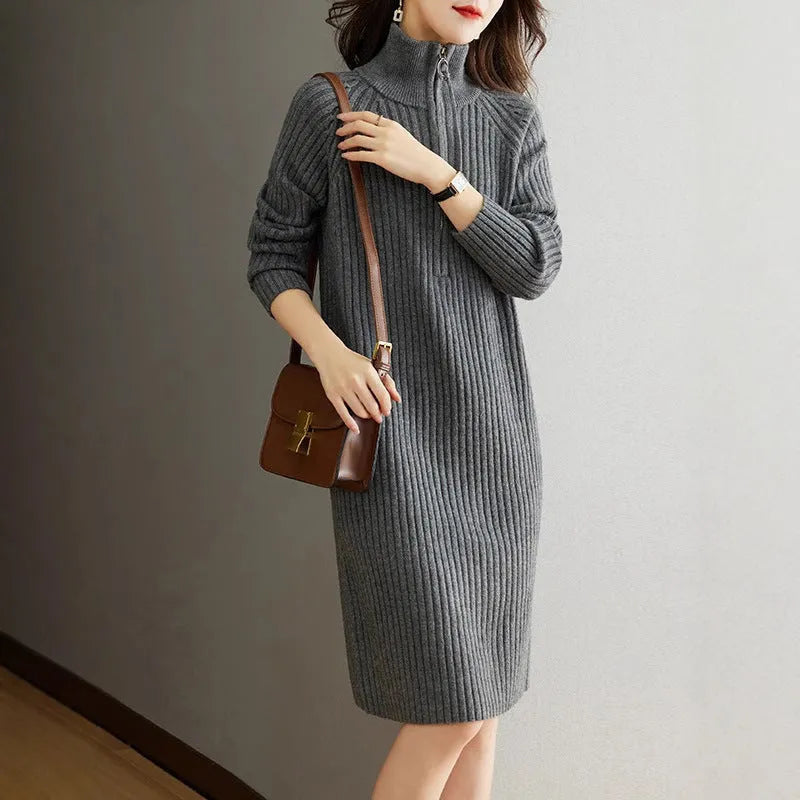 Beige casual women's skirt with a half zip on the stand collar and loose straight fit.
