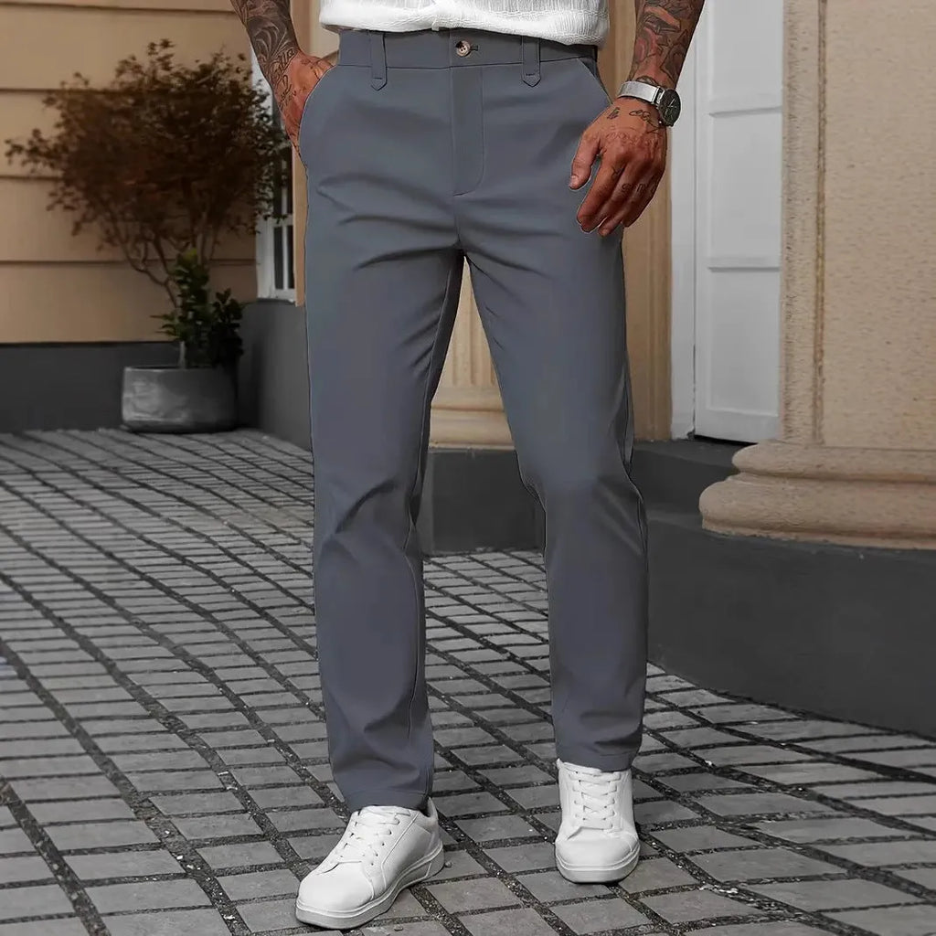 Men's straight-leg business casual trousers in polyester fabric available in four colours