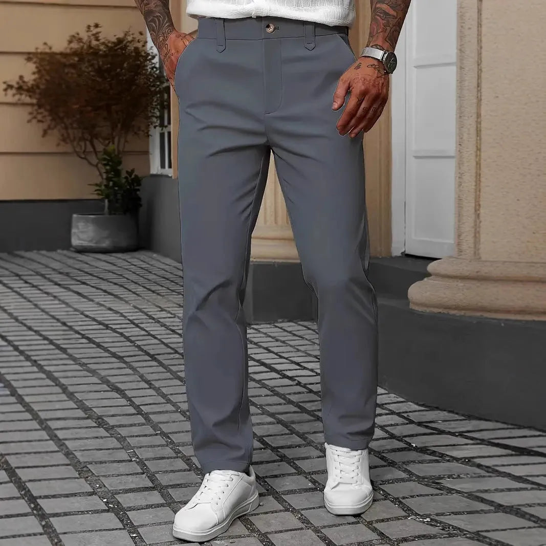 Men's straight-leg business casual trousers in polyester fabric available in four colours