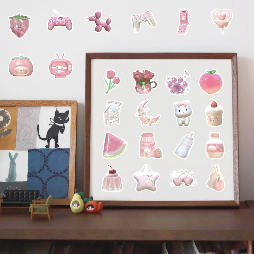 Light colour realistic 3D decorative stickers with pink girl heart designs, 63 pieces per pack