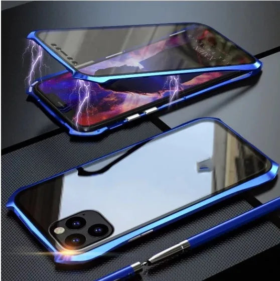 Silver metallic magnetic back cover case for an iPhone 11 Pro Max on a table.