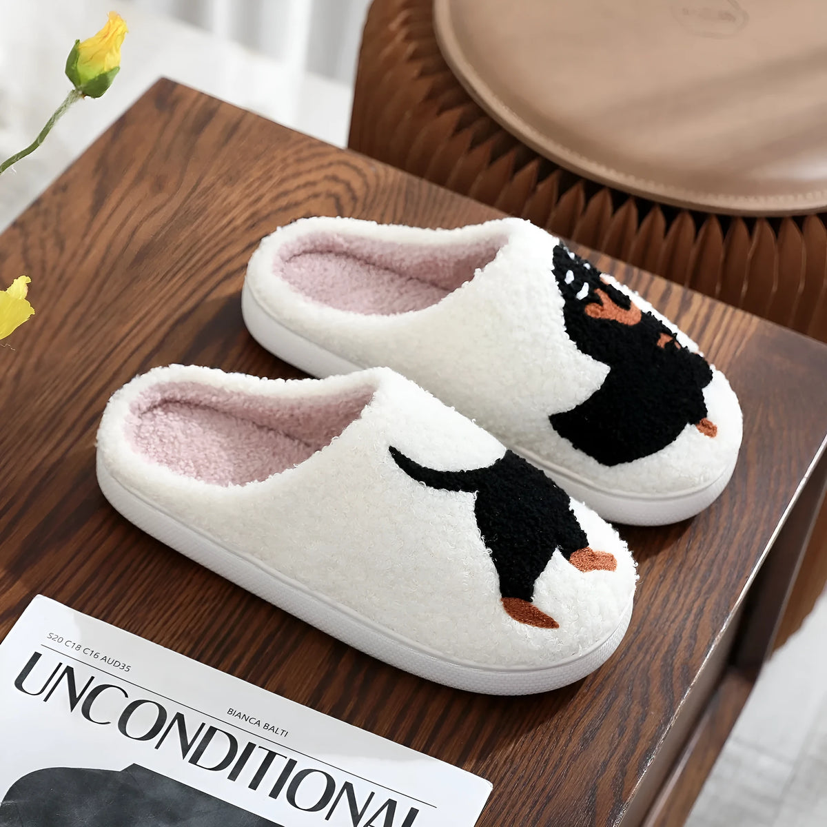 Pair of cotton indoor slippers with cartoon dachshund pattern, plastic non-slip sole, 2.5cm heel height, for men and women