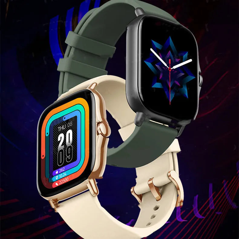 GT20 smartwatch with 1.75-inch screen, alloy case, and silicone band in black or gold colour