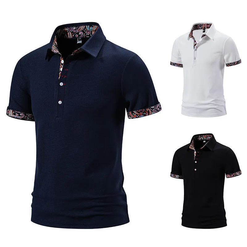 Men's European size polo shirt with colour stitching on turnover neck, short sleeves, available in white, black, and navy blue colours