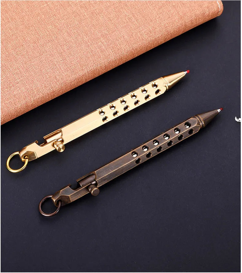 Brass hexagonal bolt roller pen with 0.5mm tip, 13cm length, and retro black refill option.