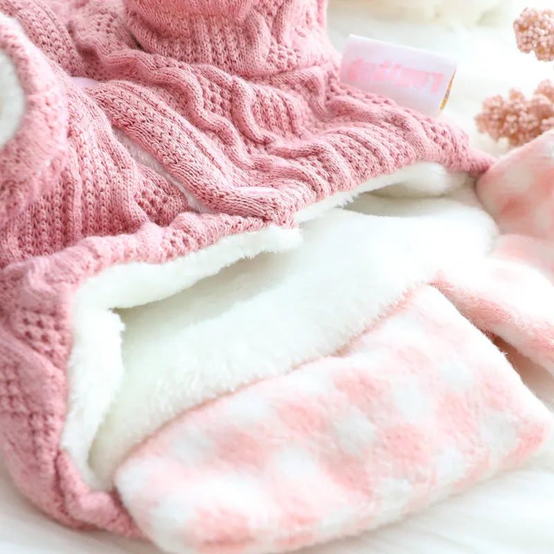 Blue or pink wool plaid pattern dog sweater with fleece lining and fake two-piece design