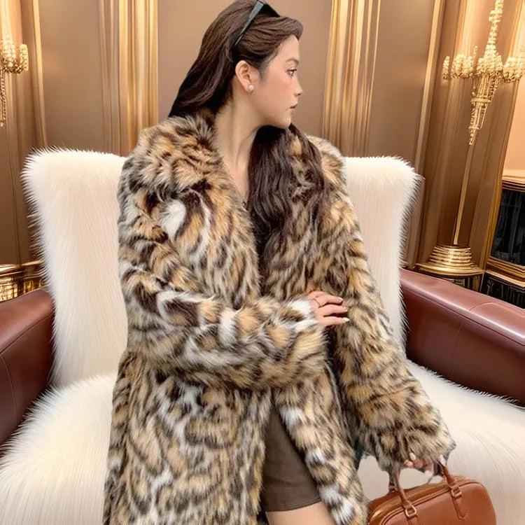 Faux fur coat with fur collar and pockets, shown in street fashion style, length 80cm