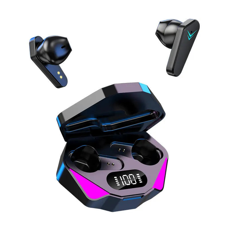 X15 wireless gaming Bluetooth headset with in-ear design, charging box, and cable showing multi-colour options