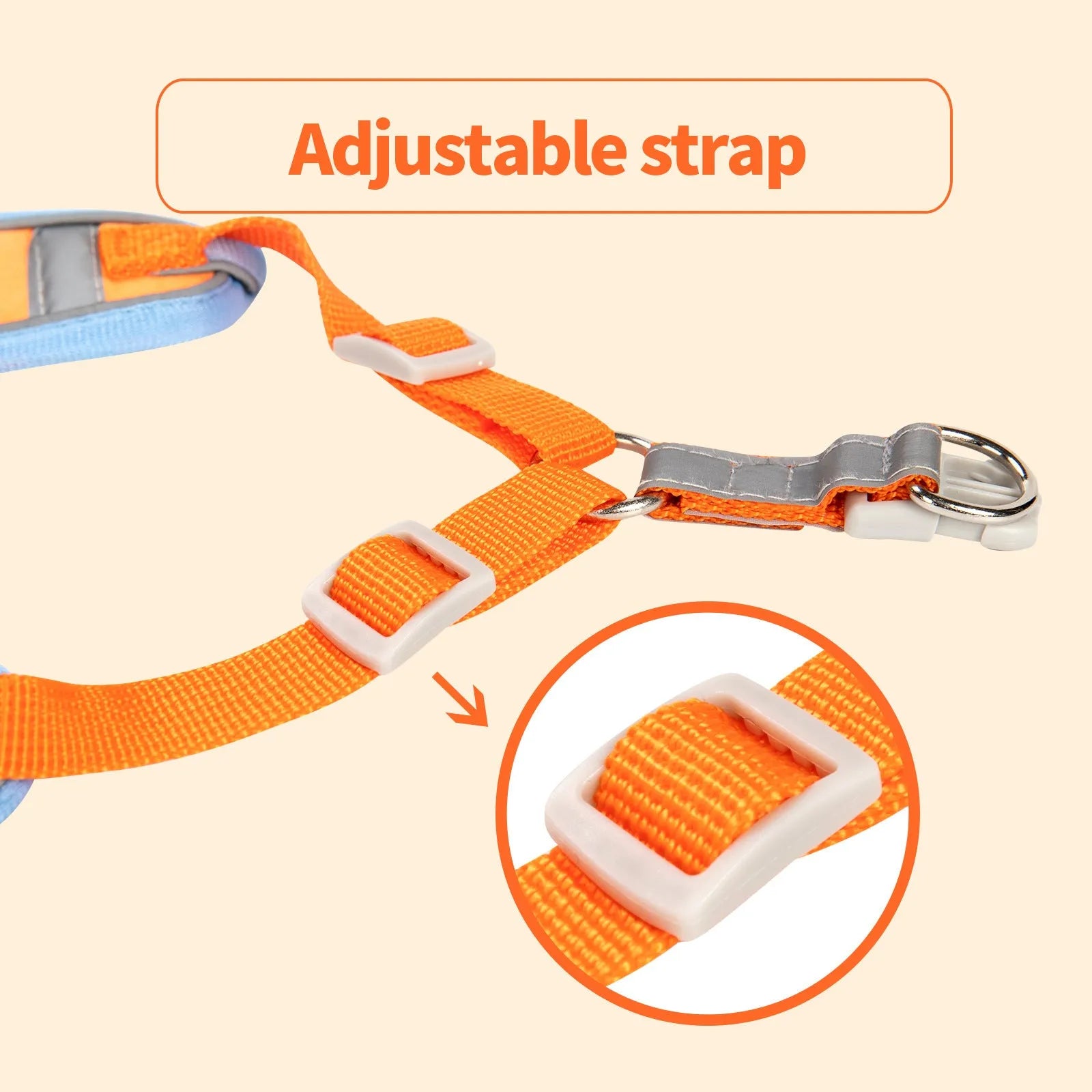 Adjustable dog harness with chest strap in purple colour, showing metal D-ring and adjustable buckles