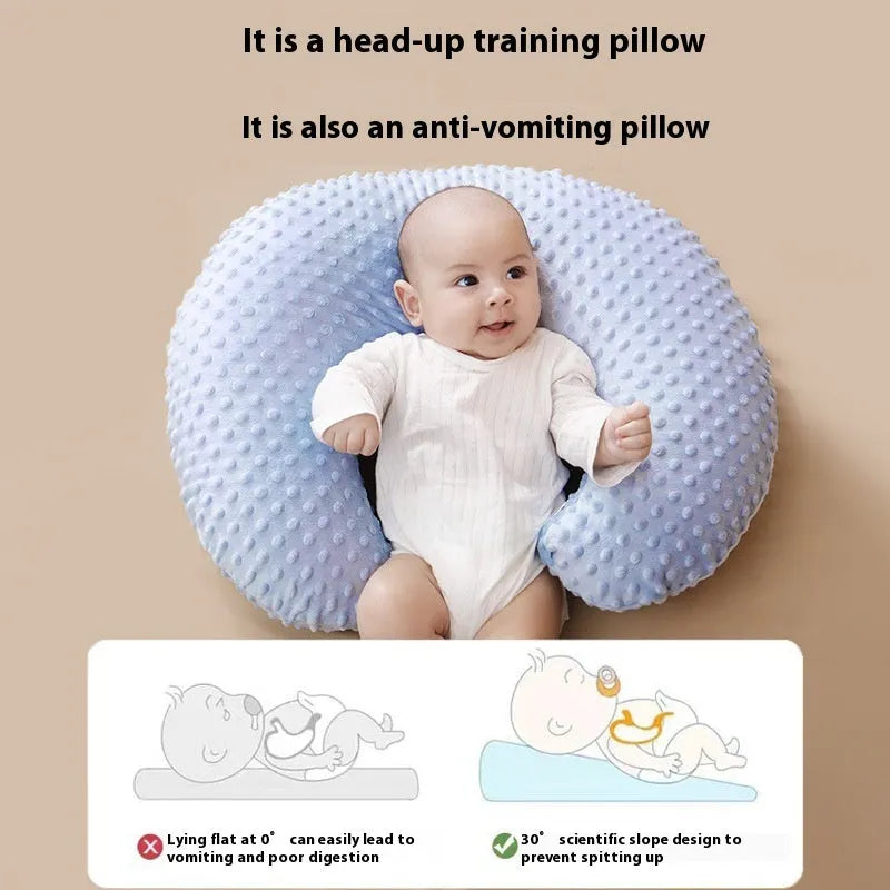 Nursing pillow with water-resistant cover in light blue, showing 35cm width and 15cm height for breastfeeding support