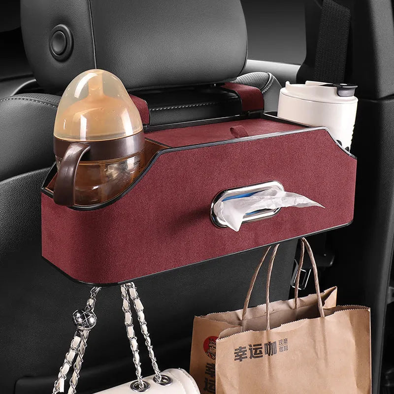 Genuine leather car tissue box with cup holder measuring 348x93x120mm in beige colour