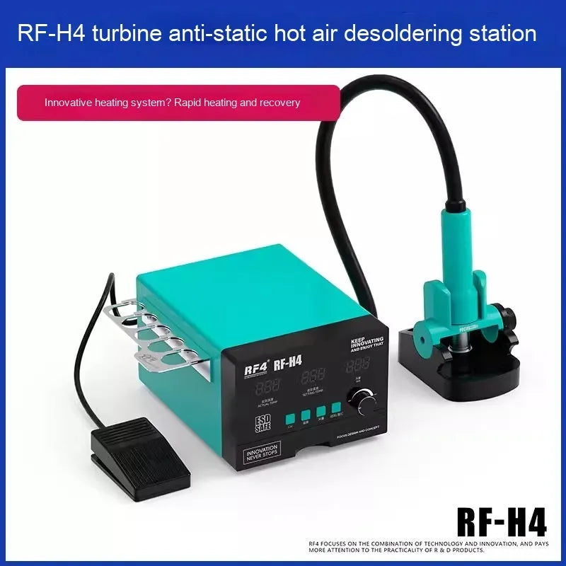 RF4H2 hot air rework station with digital display and three nozzle attachments for BGA chip removal