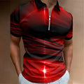Men's blue loose fit zipper polo shirt with lapel collar and short sleeves