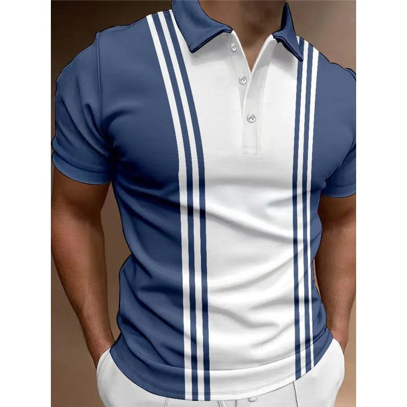 Men's loose fit casual t-shirt with 3-button printing lapel design in polyester fabric