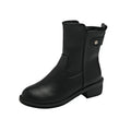 Black women's ankle boots with side zip, round toe, and a low rubber sole.