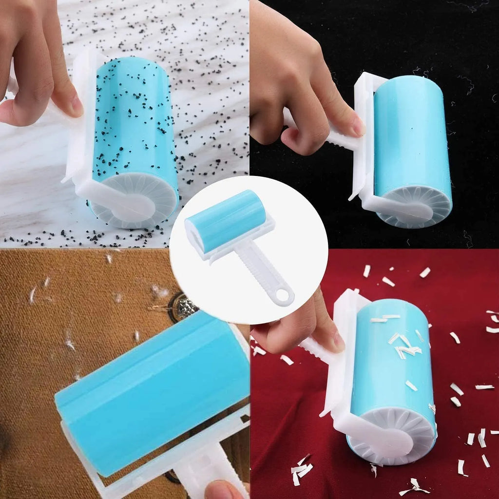 Washable lint roller in blue, green, pink, or yellow with cover, dimensions 17x10x4cm