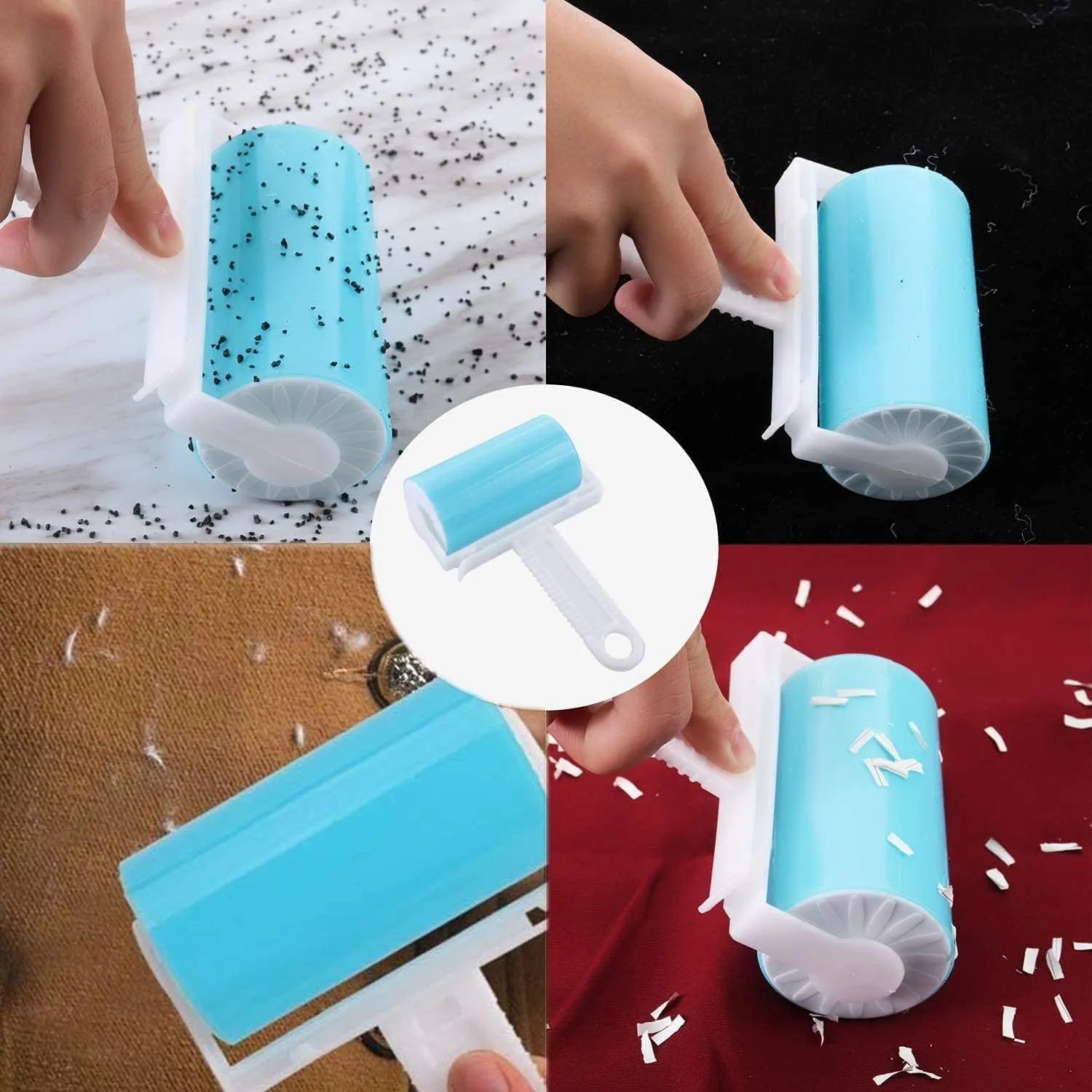 Washable lint roller in blue, green, pink, or yellow with cover, dimensions 17x10x4cm