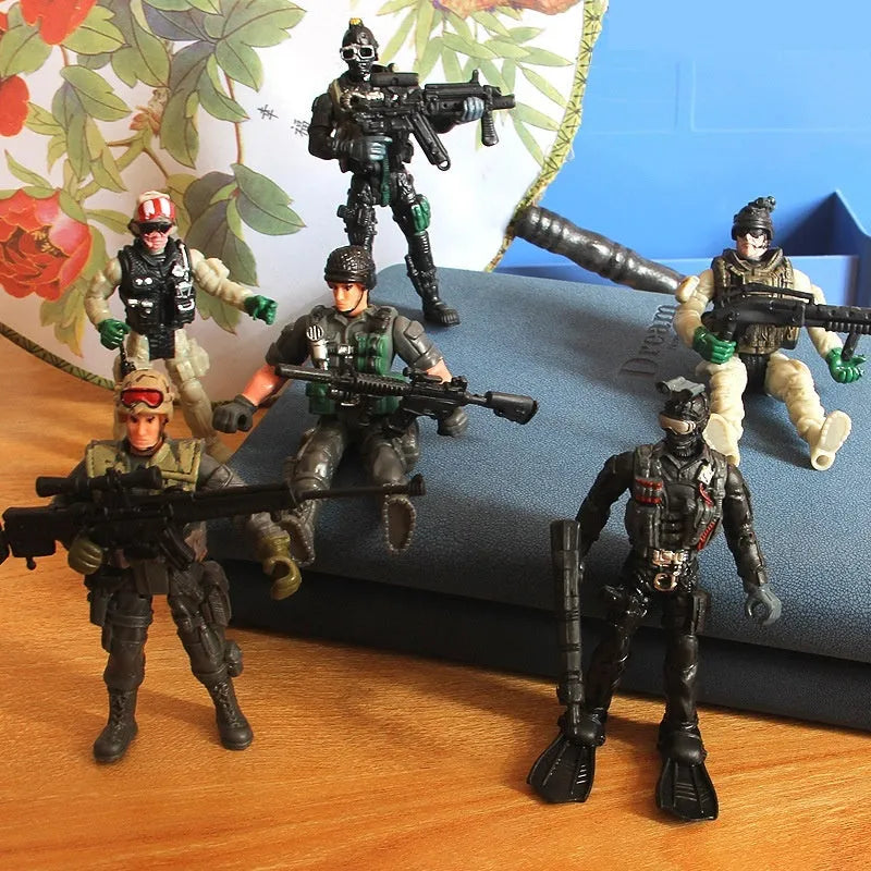 10cm plastic military soldier model with movable joints, shown in anti-terrorism special forces, Flying Tiger, zombie, and Employment Corps options.