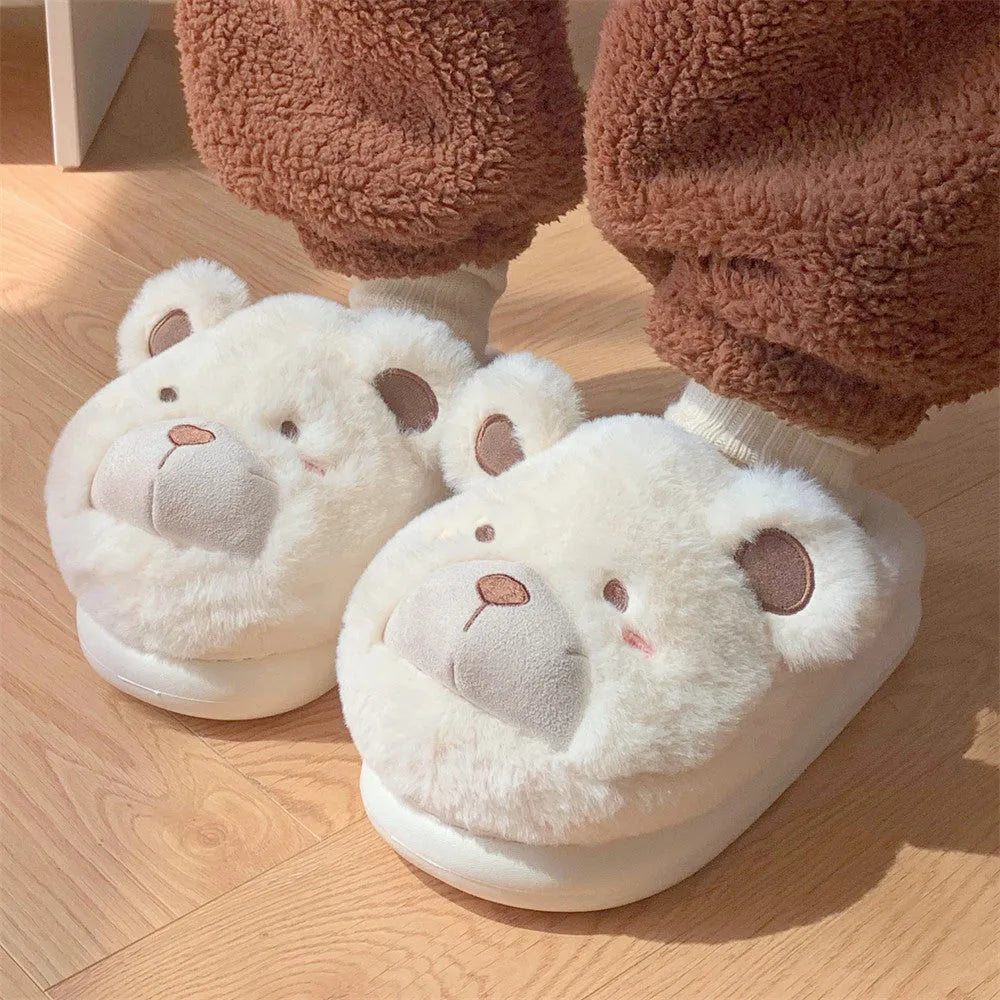 Women's cartoon pattern baotou plush sliders in khaki, available in UK sizes 36-41.