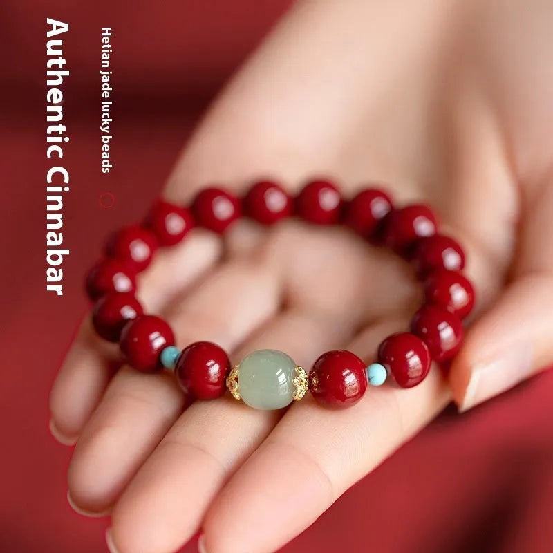 Cinnabar bracelet with geometric ellipse beads in purple gold sand colour, showing 6mm, 8mm, or 10mm size options.