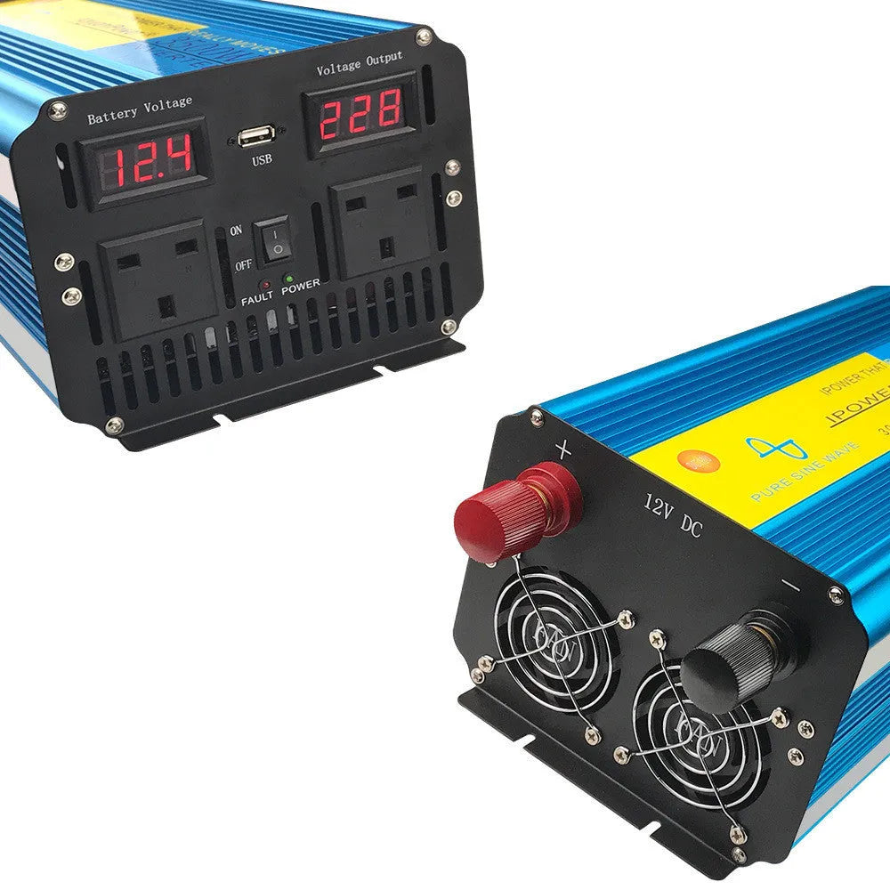 Blue 3000W car power inverter with digital display and UK socket
