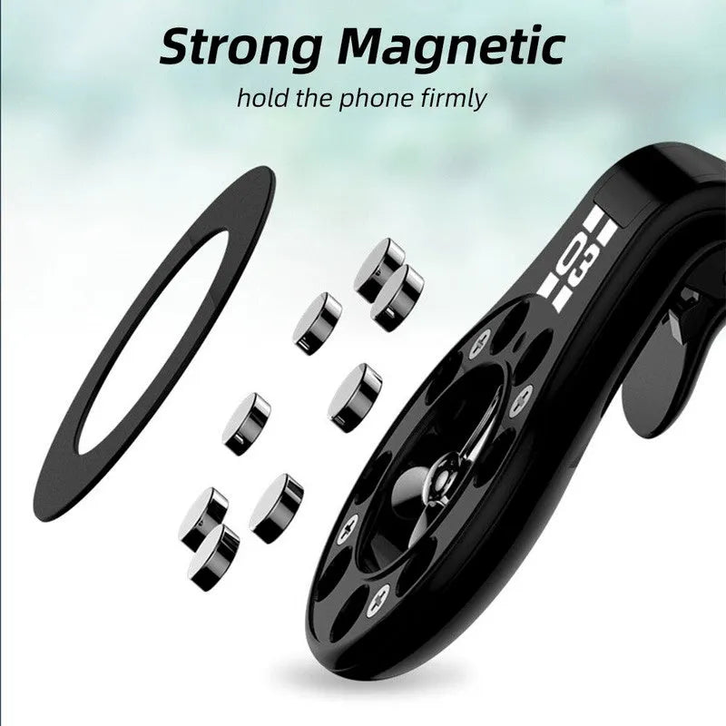 Magnetic car phone holder mounted on air vent with phone attached, showing 360-degree rotation and fragrance slices