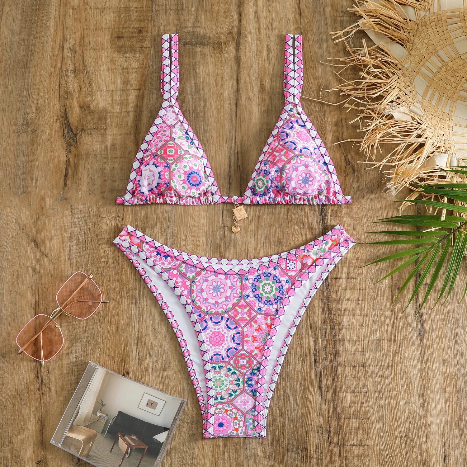 Retro print women's bikini in four colours with polyester fabric for swimming sports