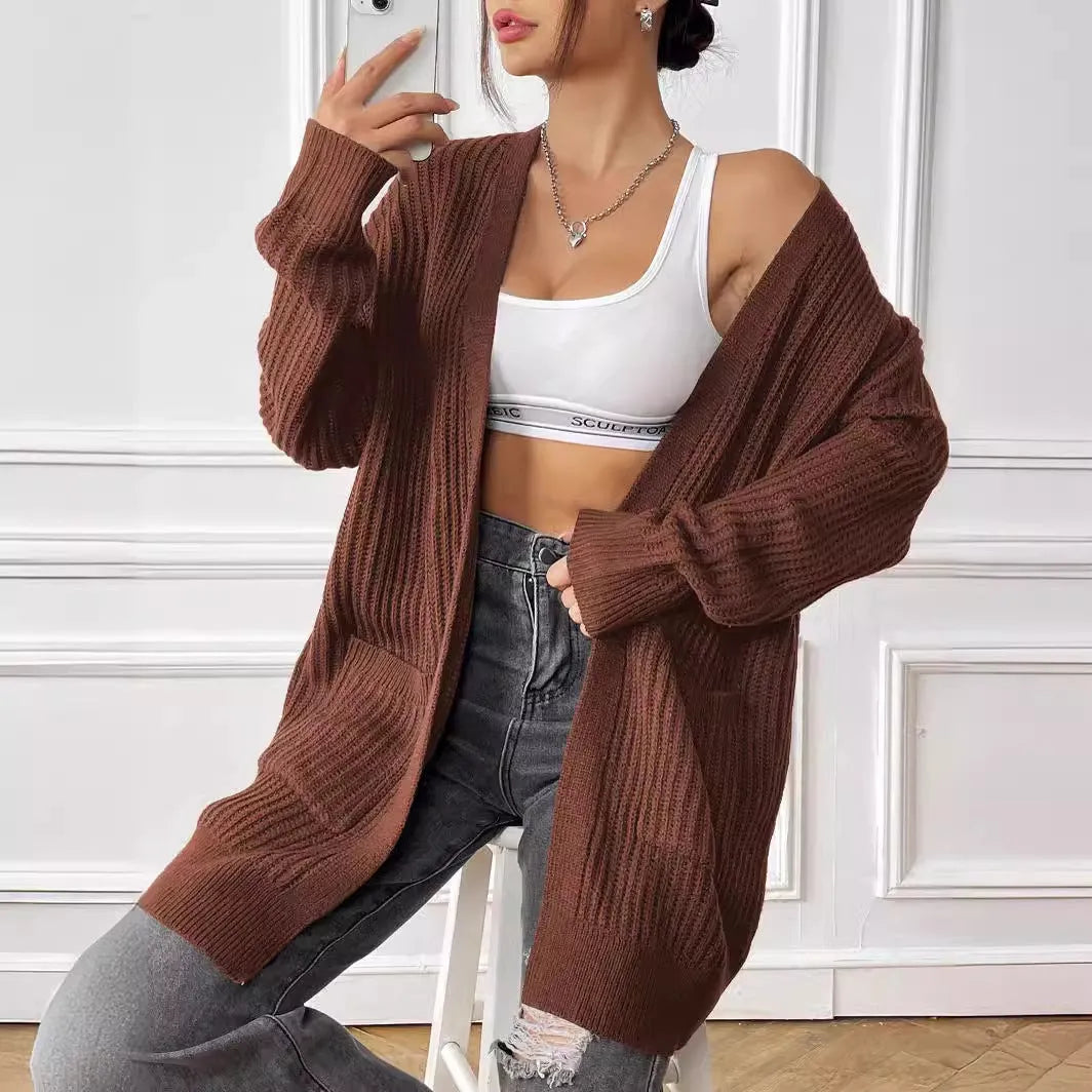 Women's double pocket acrylic cardigan with 65cm length and street hipster style in solid colour