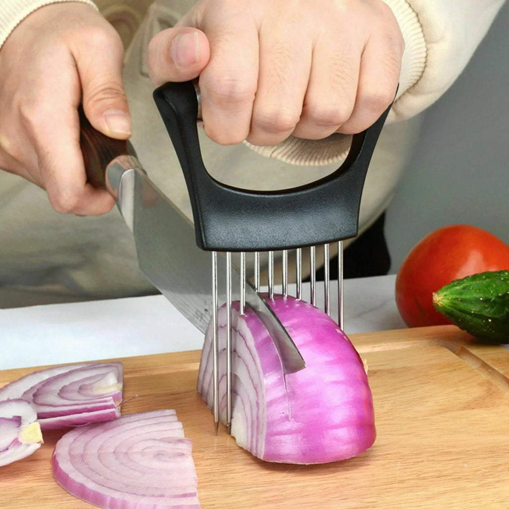 Stainless steel onion holder slicer with ABS base, measuring 14cm by 9.5cm, for secure food cutting