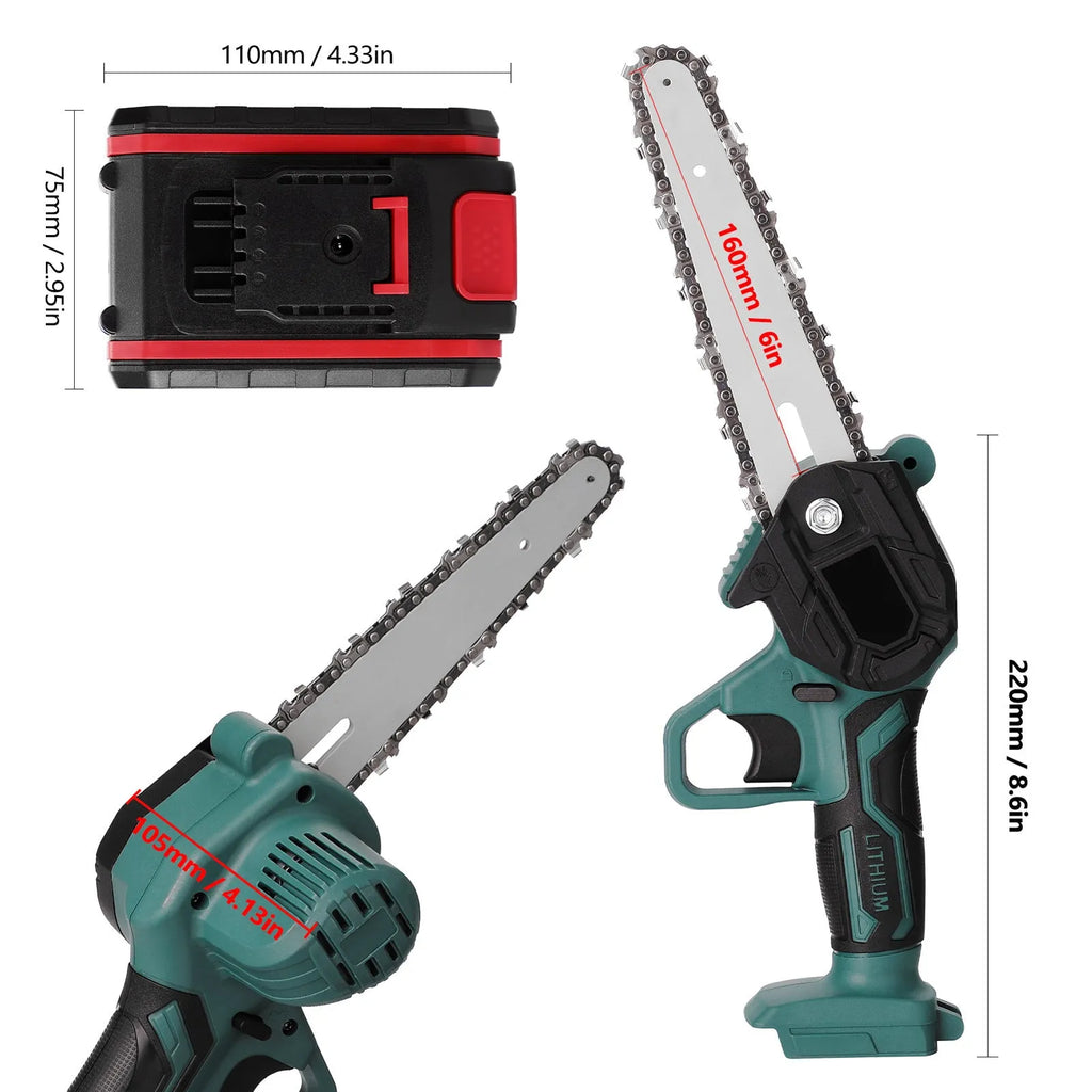 Small black electric chainsaw with 4-inch guide, showing lightweight one-hand design for cutting branches and logs
