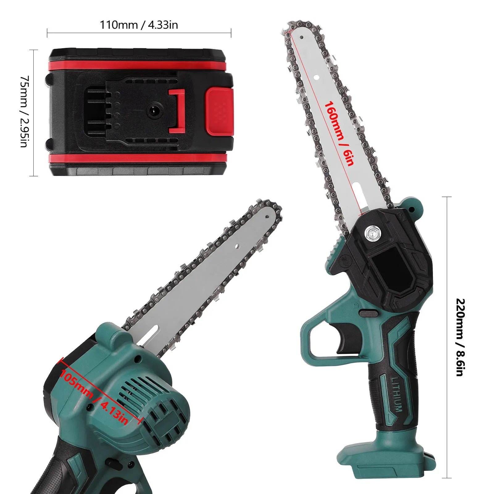 Small black electric chainsaw with 4-inch guide, showing lightweight one-hand design for cutting branches and logs
