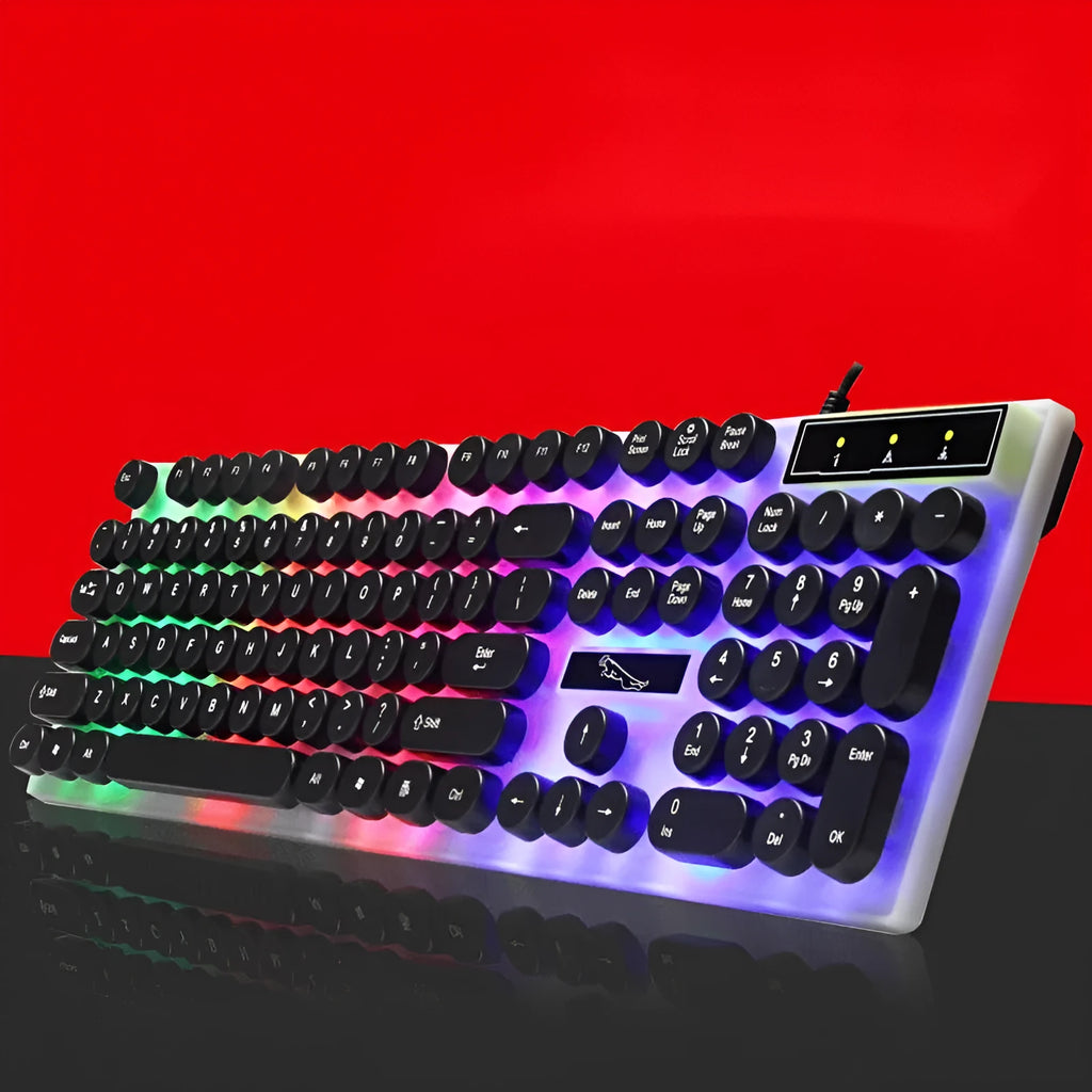 White plastic waterproof gaming keyboard with 104 keys and RGB backlighting on a desk.