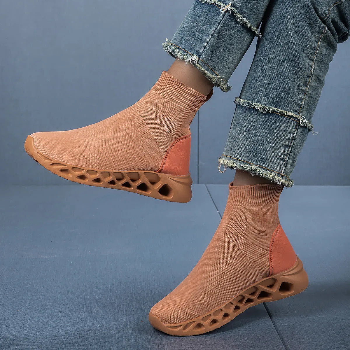 Women's casual sock boot shoes with mesh upper and flat sole in Terracotta Warriors colour