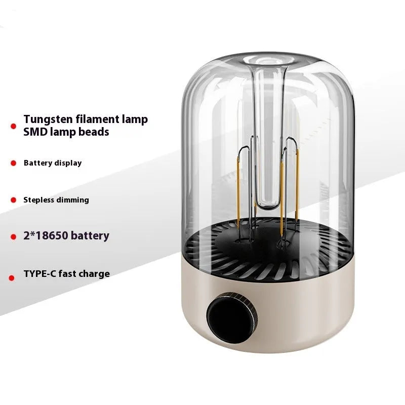 Beige and black multifunctional camping ambience light with an analog brightness knob and USB port.