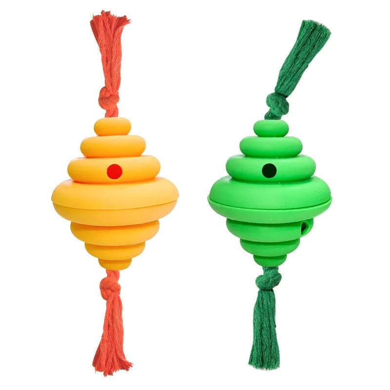 Green and yellow dog ball with rope toy, food dispenser design for large dogs, 12cm size