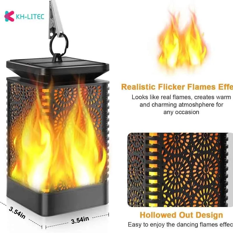 Black solar-powered garden torch light with flame-effect LED, 47cm length, waterproof IP44 rating for outdoor use