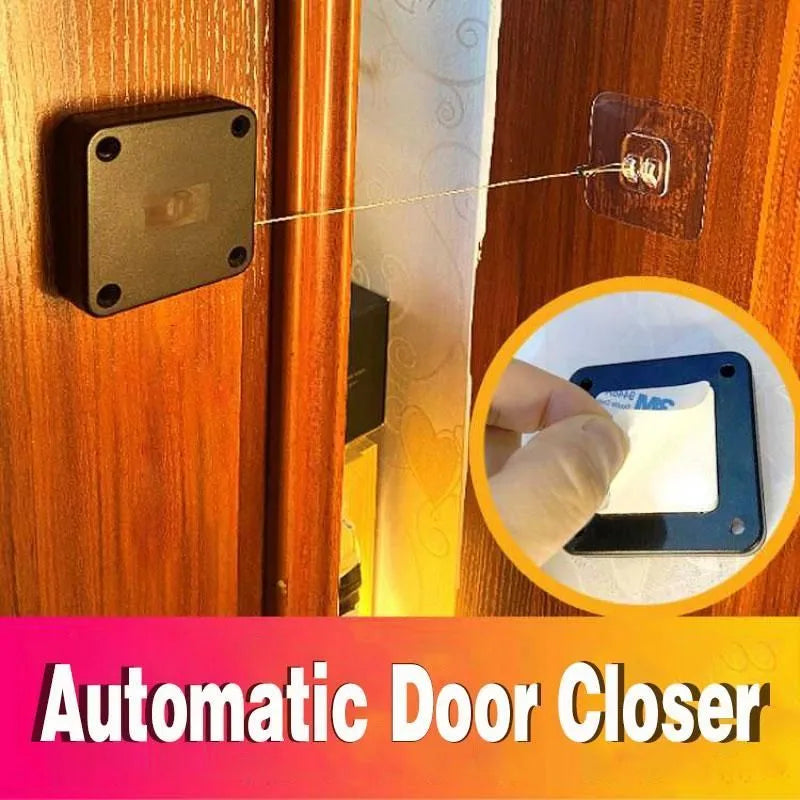 White automatic door closer tension box with adhesive backing and transparent hook for punch-free installation.
