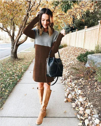 Brown women's loose-fit polar fleece sweater dress with long sleeves, round neck, and decorative collage stitching detail.