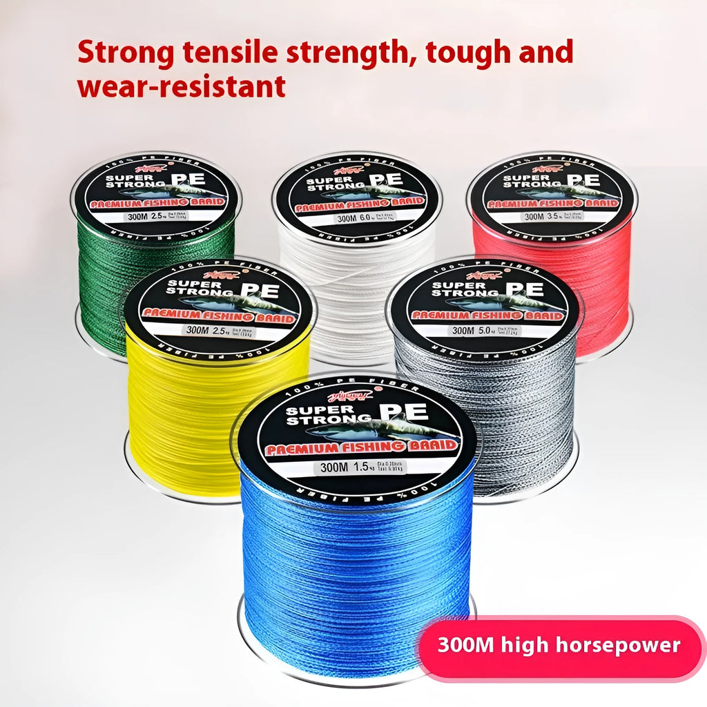 300 metre PE fishing line reel with 4-section design showing multiple colour options