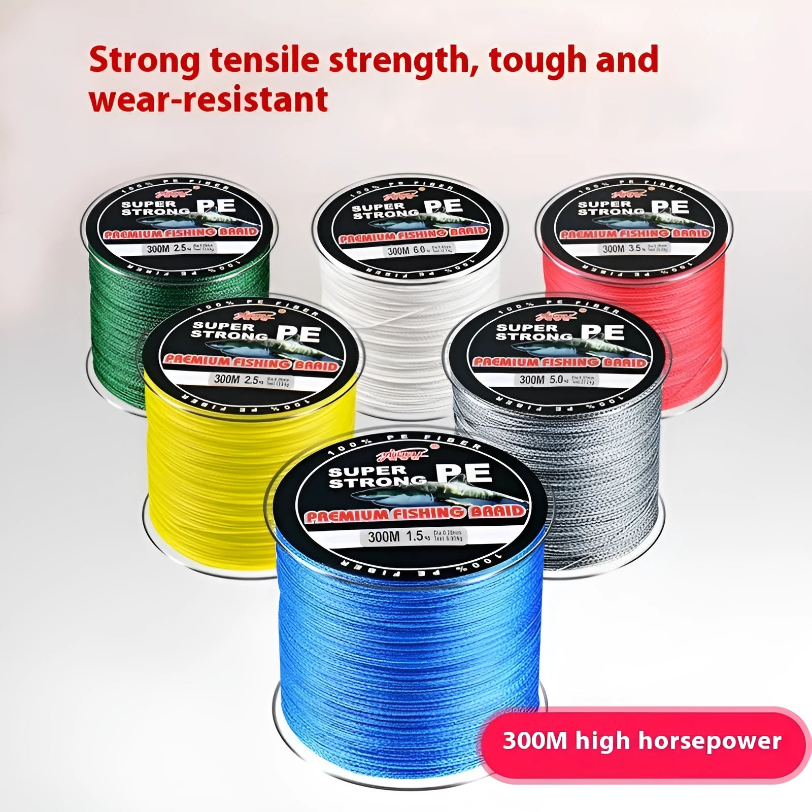 300 metre PE fishing line reel with 4-section design showing multiple colour options