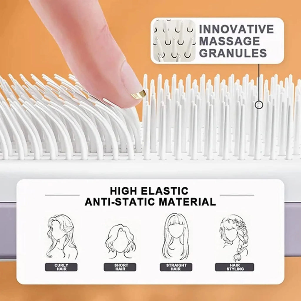 Purple self-cleaning hair brush with telescopic handle showing rotating mechanism and comb teeth