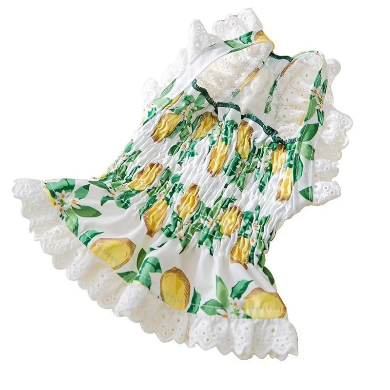 Rock yellow lemon polyester dog dress with adjustable strap skirt on small dog