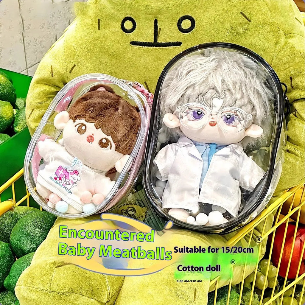 Transparent PVC cube storage bag with keychain in avocado green colour, 17cm size, containing postcards