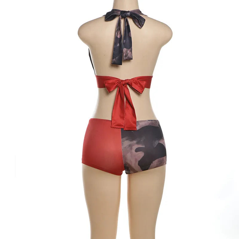 Red women's high waist hip lift shorts suit bikini set with 3D printed pattern